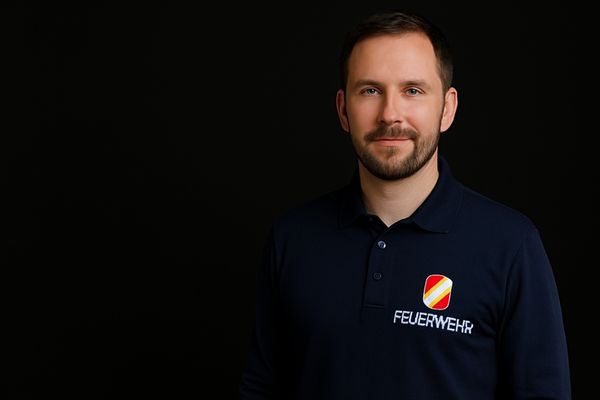 Mann mit langarm Polo und Feuerwehrlogo